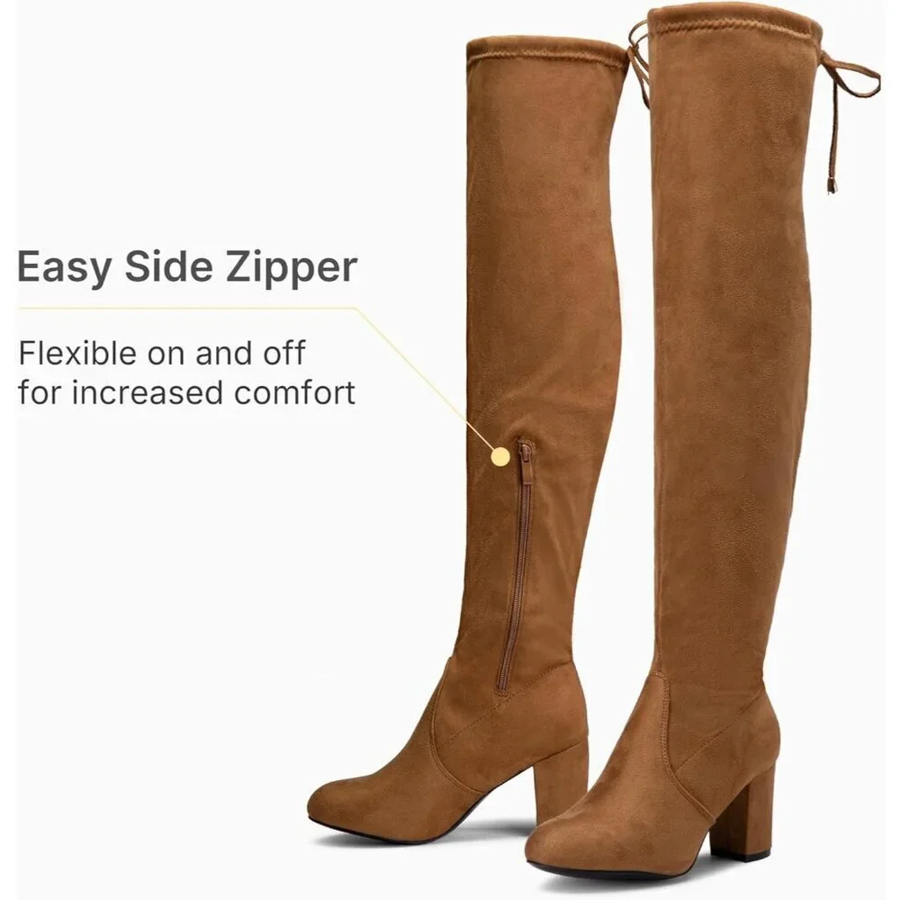 Women's Camel Suede Chunky Heels Zipper Over The Knee High Adjustable Boots